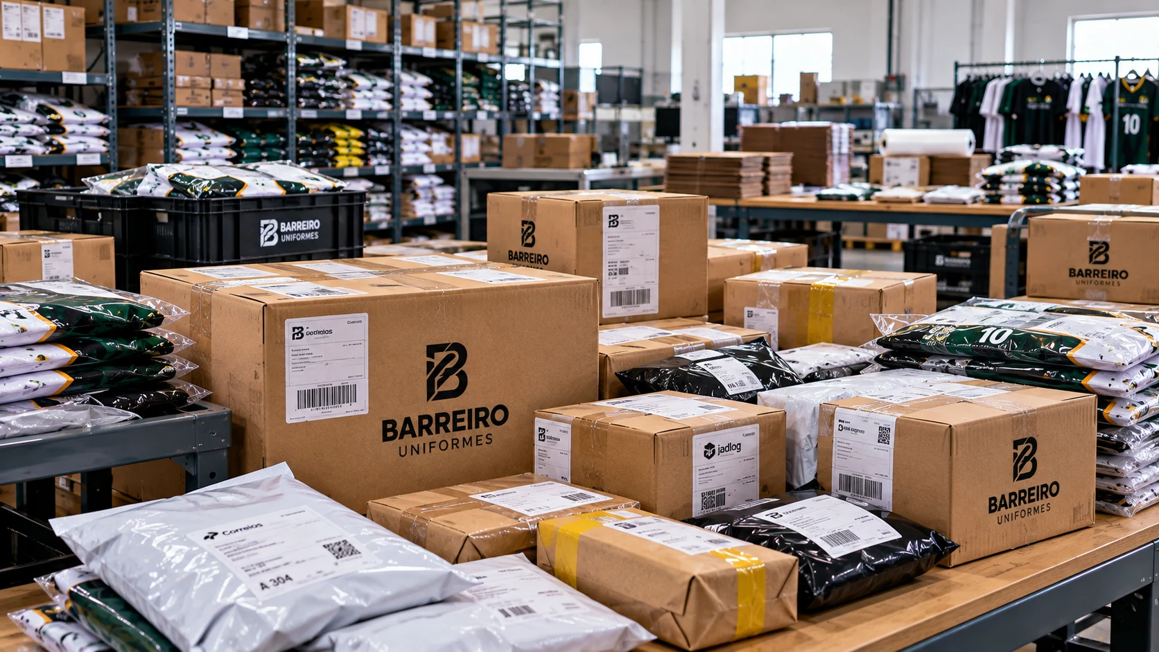 Imagem ilustrativa de pedidos de uniformes embalados e preparados para envio