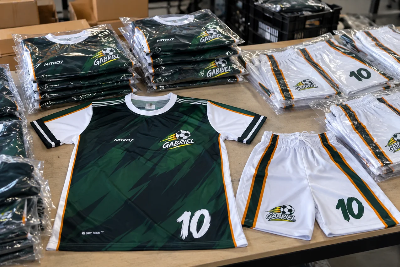 Conjunto de futebol produzido pela Barreiro Uniformes e peças embaladas