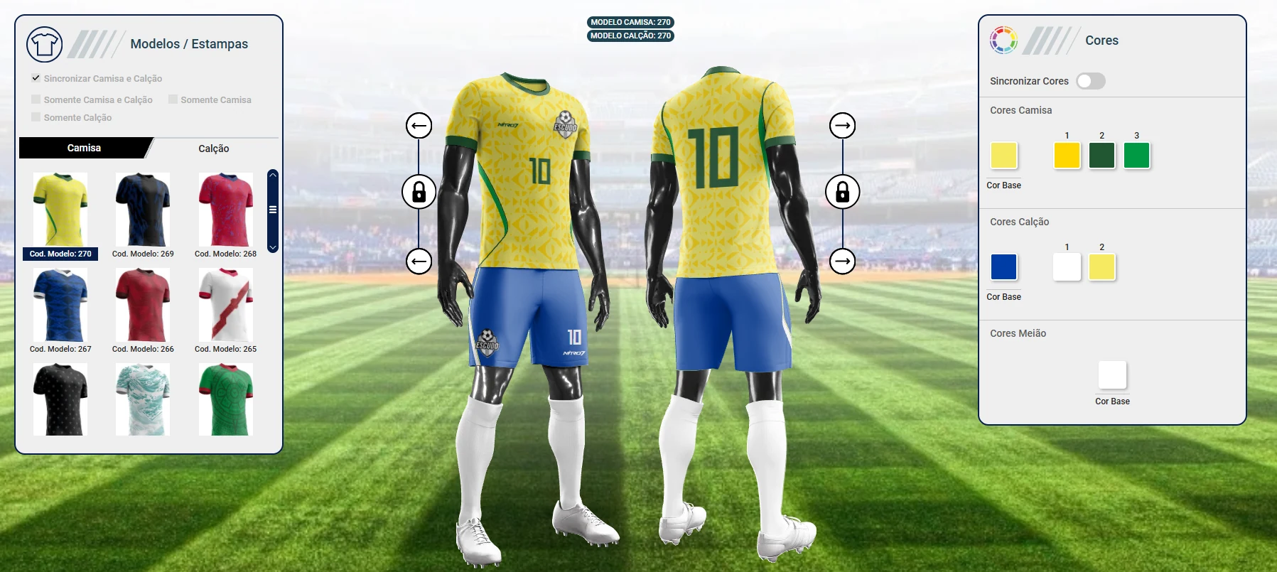 Tela real do Simulador 2.0 mostrando uniforme de futebol de frente e costas, seleção de modelos e paleta de cores